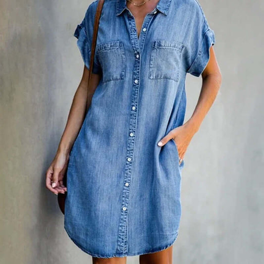 Rosalyn | Elegant denim dress with belly coverage