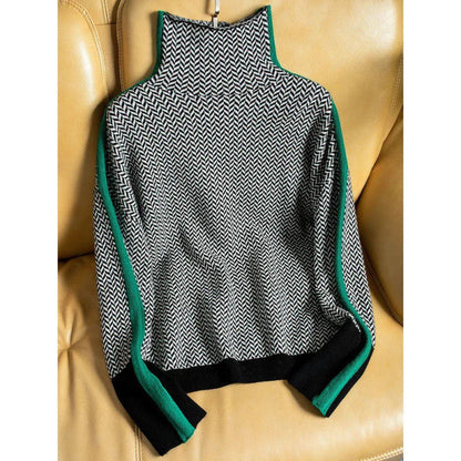 Rolling collar sweater with a geometric knitting pattern