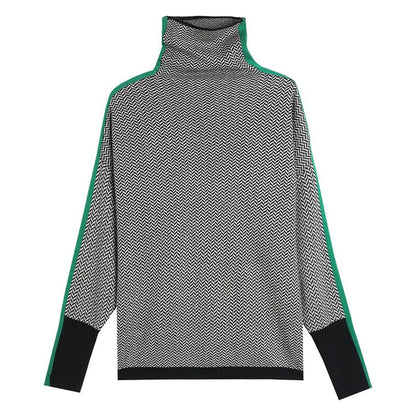 Rolling collar sweater with a geometric knitting pattern