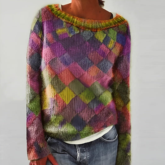 Sweater in colorful patchwork design for women in the winter of 2025