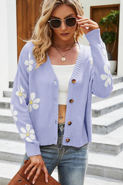Long-sleeved flower cardigan with a V-neck for cool days