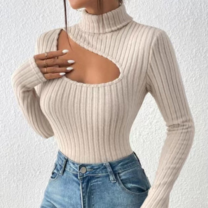Ladies ribbed turtleneck sweater | Hollow chest