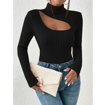 Ladies ribbed turtleneck sweater | Hollow chest