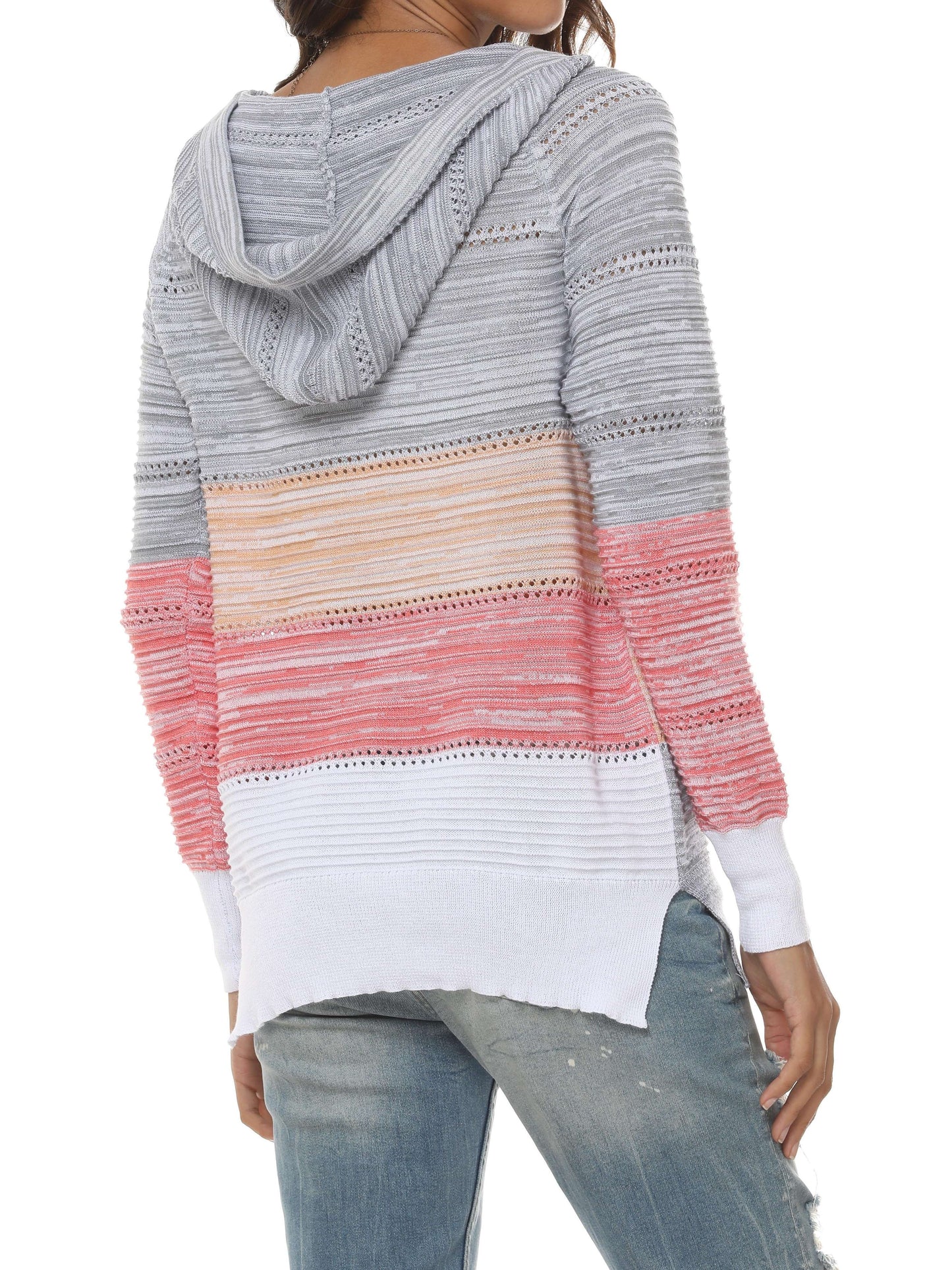 Sweater with a hood and V-neck in harmonious colors