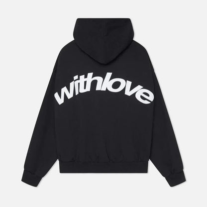Sweater with a hood and stylish "with love" logo on the back