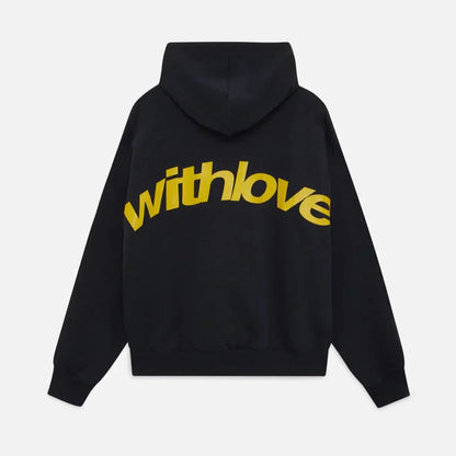 Sweater with a hood and stylish "with love" logo on the back