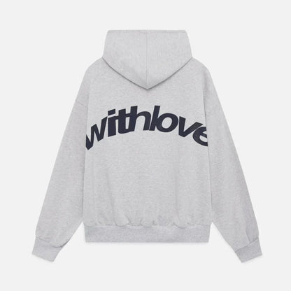 Sweater with a hood and stylish "with love" logo on the back