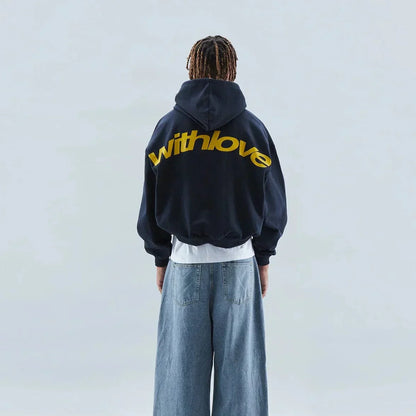 Sweater with a hood and stylish "with love" logo on the back
